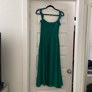 Green ruffle sleeve midi dress with slit